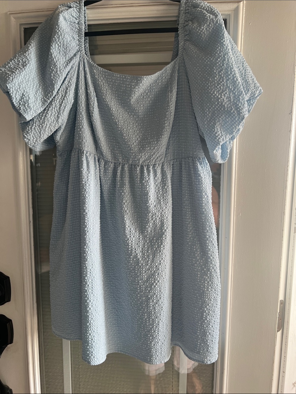 Light Blue Textured Puff-Sleeve Mini Dress